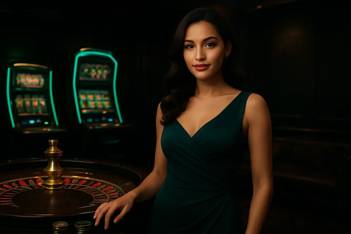 Confident woman in evening dress near roulette and slot machines in luxury Bangladeshi casino with neon green and gold accents