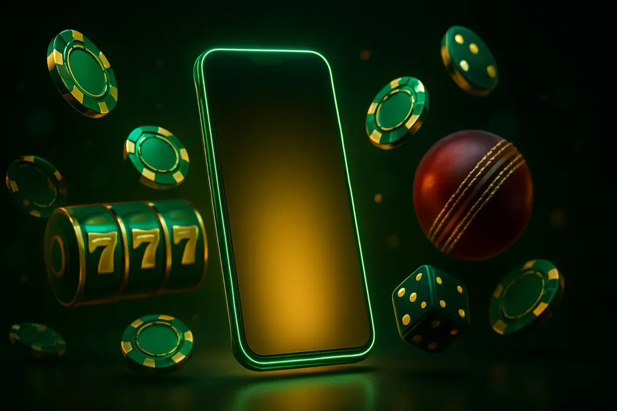 Panoramic banner with glowing smartphone, casino chips, slot reels, dice, and cricket ball on dark luxurious background